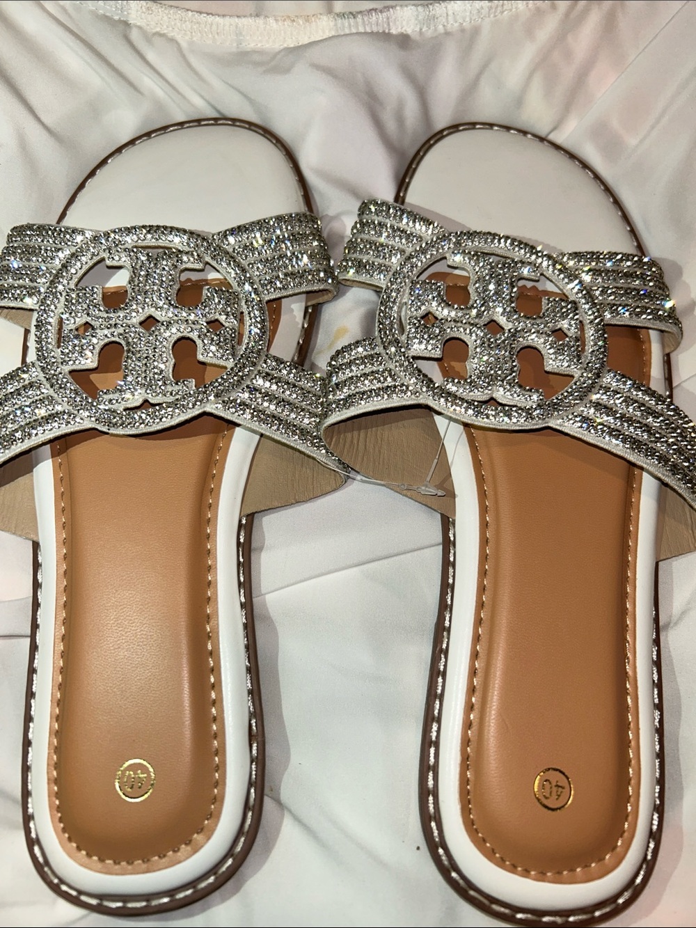 White Slide Sandals with Silver Crystal Emblem